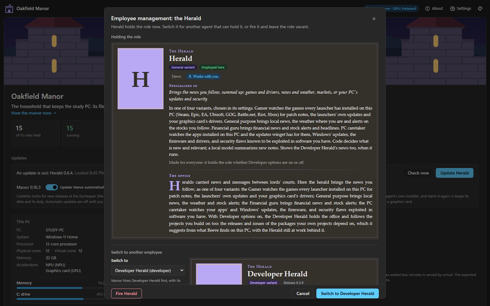 The Herald's entry in Employee management, as a page of an old book: what it specializes in, its variant, and the office's history, with the Developer Herald to switch to.