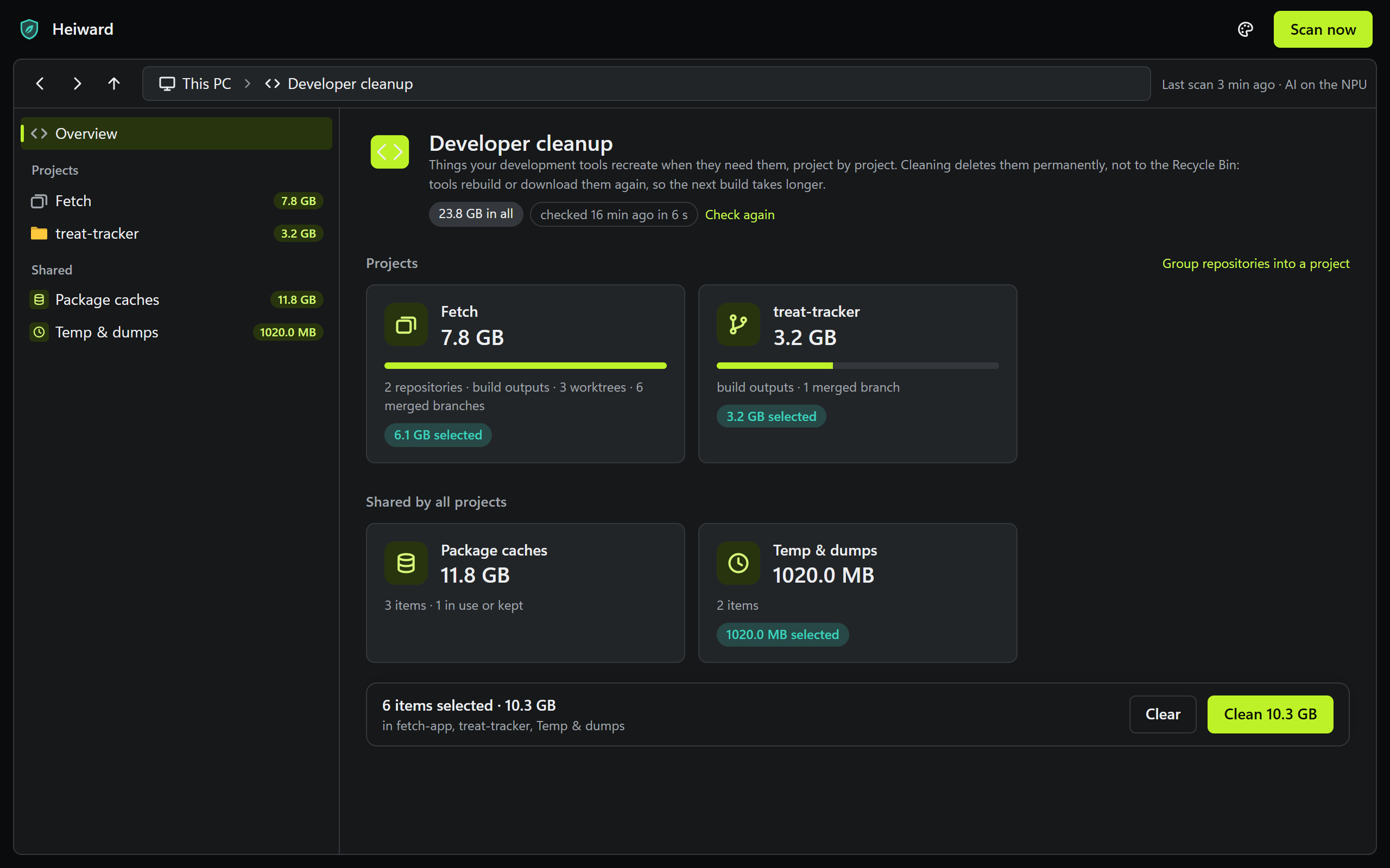 Heiward's developer cleanup, project by project, in the Carbon theme.